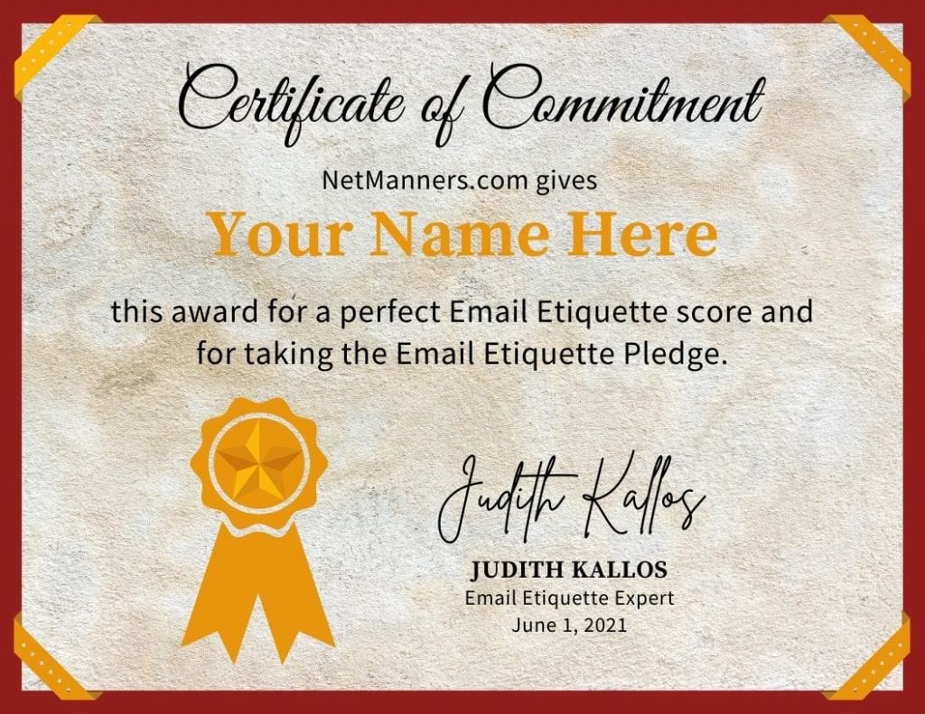Email Etiquette Quiz Pledge Certificate